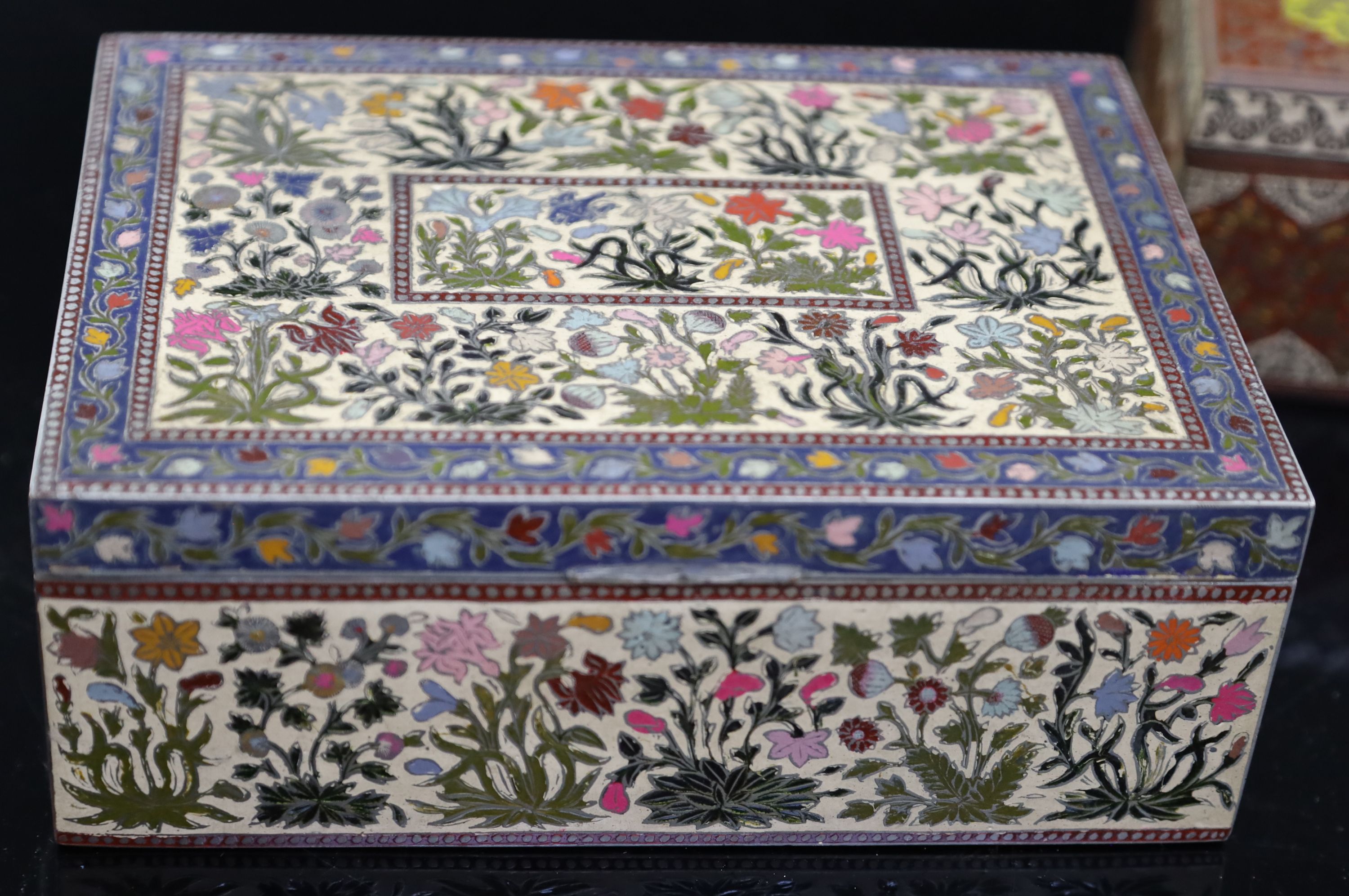 Two late 19th century Indian polychrome champleve enamelled cigar boxes, 22cm and 20cm